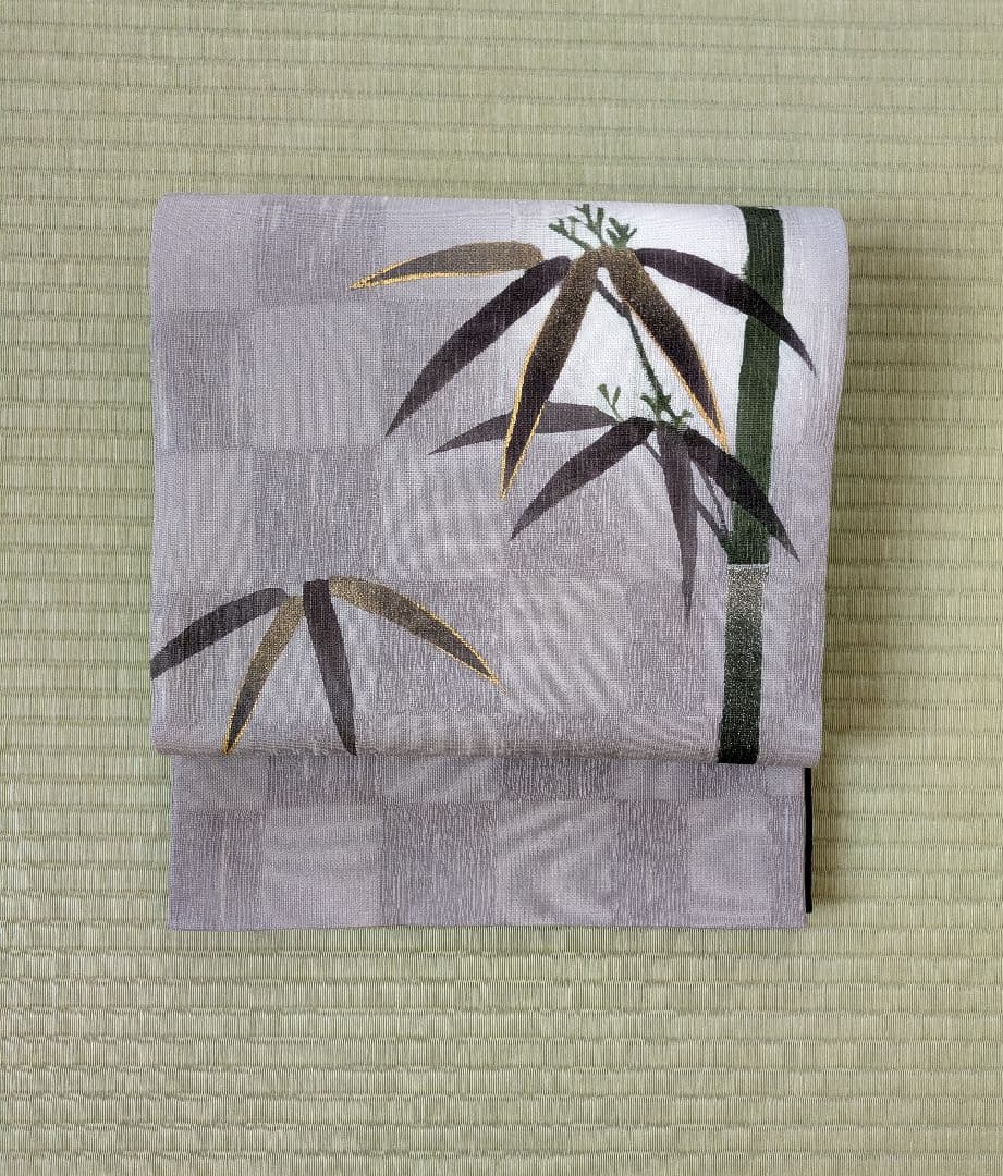 【喜寿祝い】夏物 竹の葉模様 袋帯 グレー系