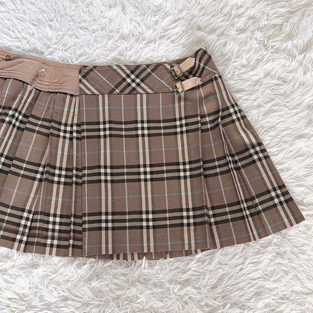 【バーバリーブルーレーベル】ベルト付きラッププリーツスカート ノバチェック 36
