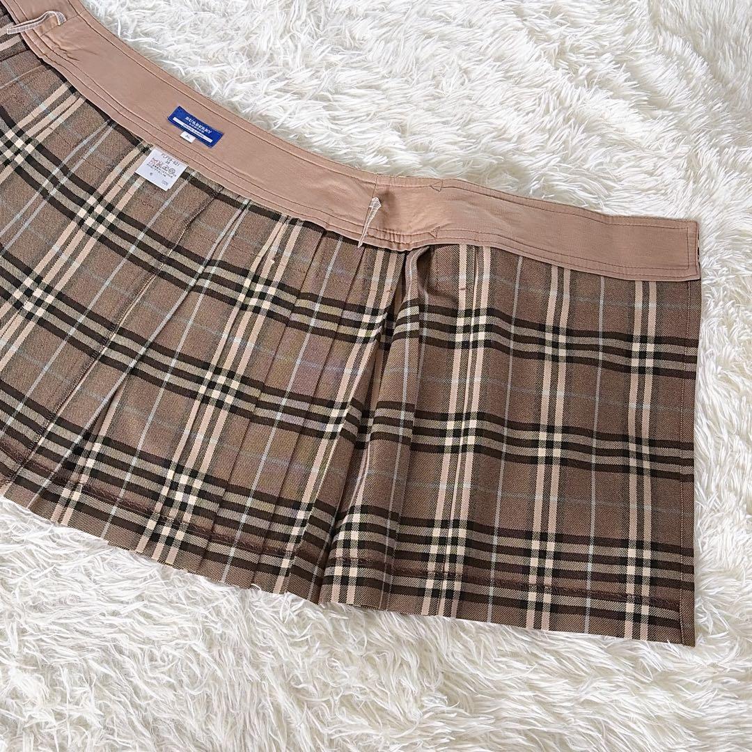 【バーバリーブルーレーベル】ベルト付きラッププリーツスカート ノバチェック 36