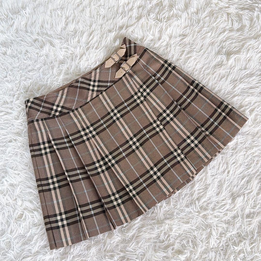 【バーバリーブルーレーベル】ベルト付きラッププリーツスカート ノバチェック 36