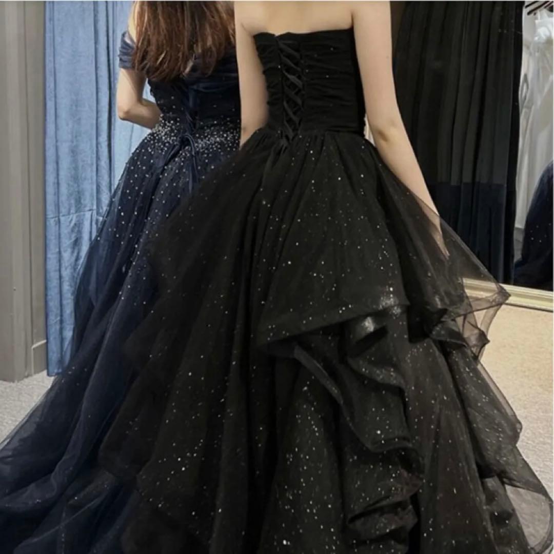 ブラック ストラップレス ウェディングドレス