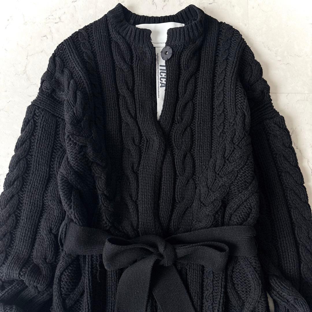 美品 ティッカ 肉厚 ウール ケーブルニット ベルト付 ガウンカーディガン 黒