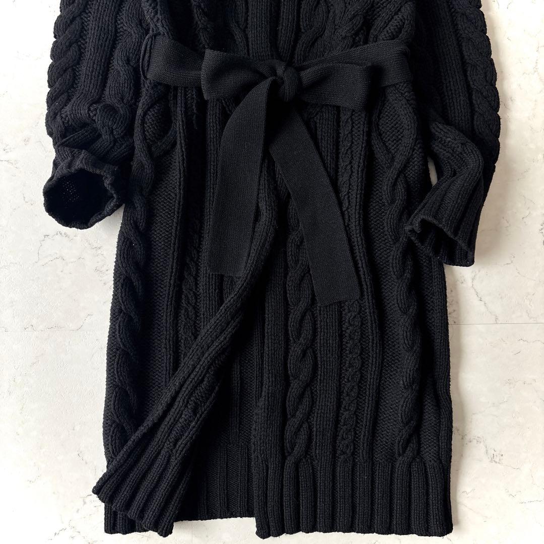 美品 ティッカ 肉厚 ウール ケーブルニット ベルト付 ガウンカーディガン 黒