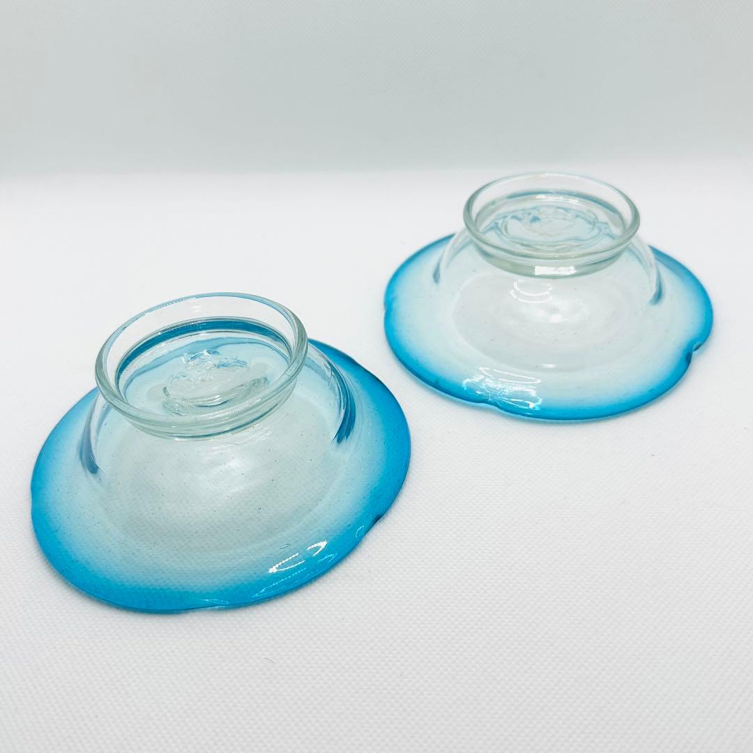 【希少】青縁 氷ガラス ボウル アイスグラス 食器 気泡 アンティーク　2客