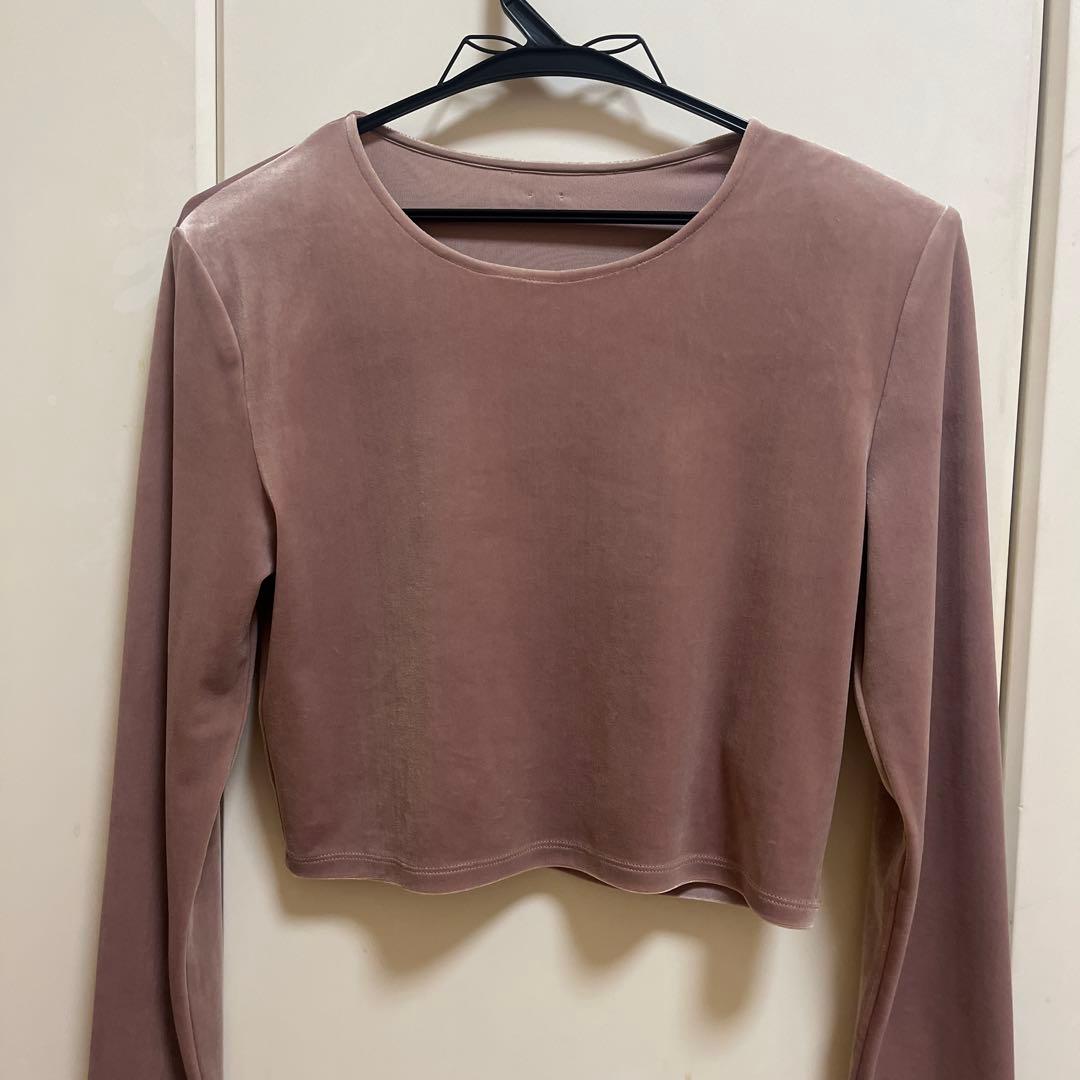 アニュアンス　ベロアクロップドカットトップス　ピンクベージュ