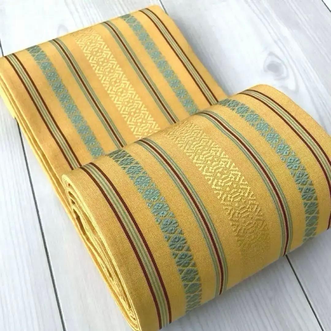 本場筑前博多織　半幅帯　正絹　献上柄　織り出し縞模様　井上絹織物 No.5-22