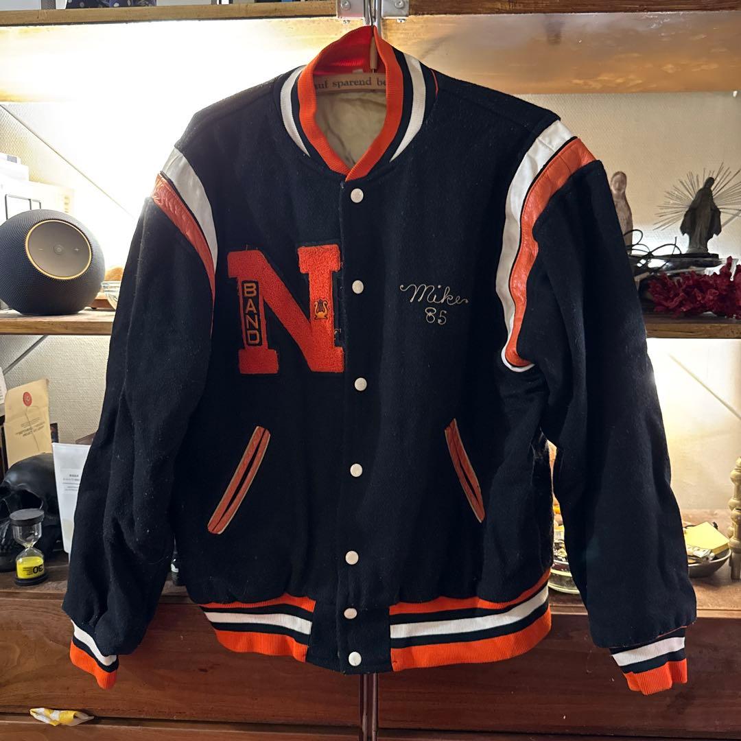 ヴィンテージスクールジャケット　ウール　レザー切替 チェーンステッチ刺繍 XL