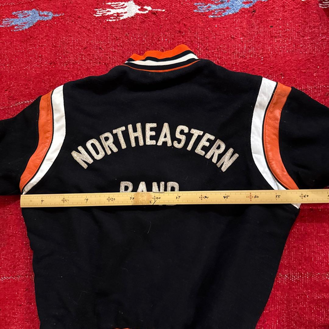 ヴィンテージスクールジャケット　ウール　レザー切替 チェーンステッチ刺繍 XL