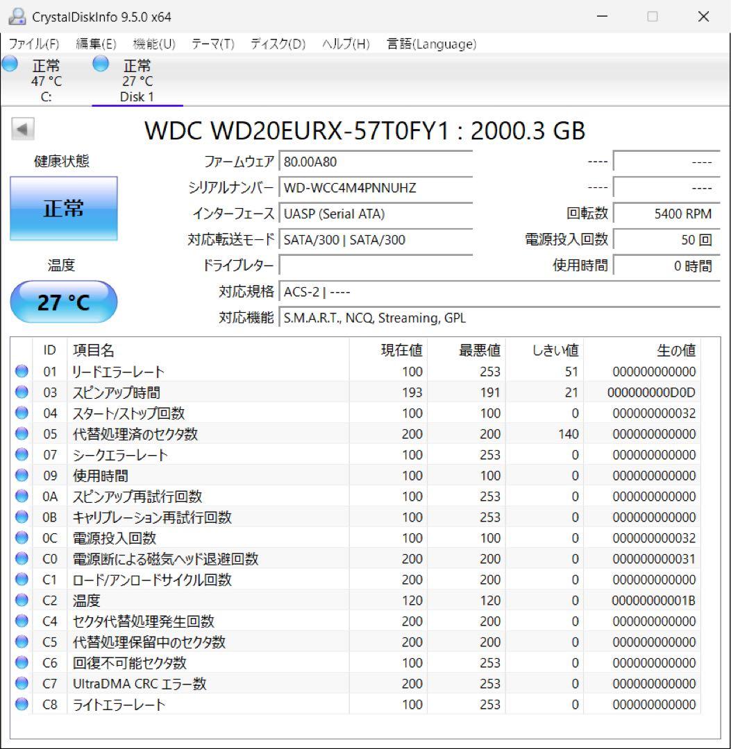 【使用時間０H】DIGA換装用 2TB 3.5インチ WD20EURX