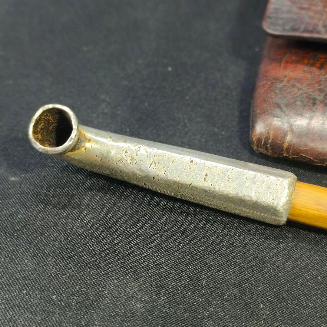 銀製煙管 網代筒 本革タバコ入れ 古銅細工金具 明治ガラス緒締玉 コレクター放出