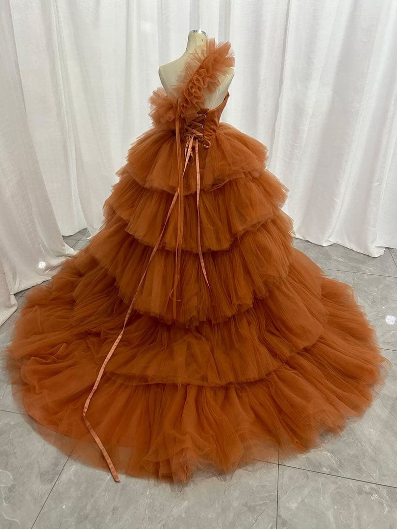 オレンジ ワンショルダー フリルドレス
