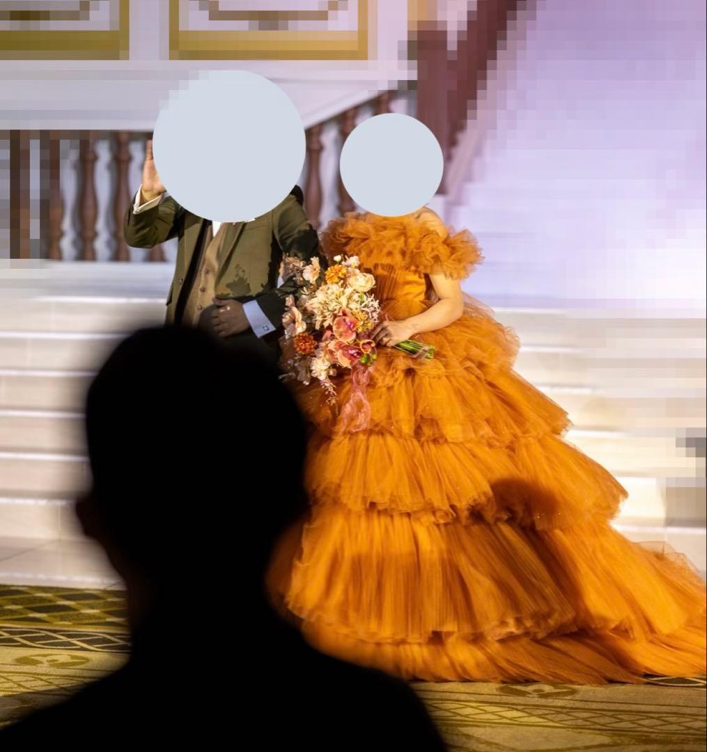 オレンジ ワンショルダー フリルドレス