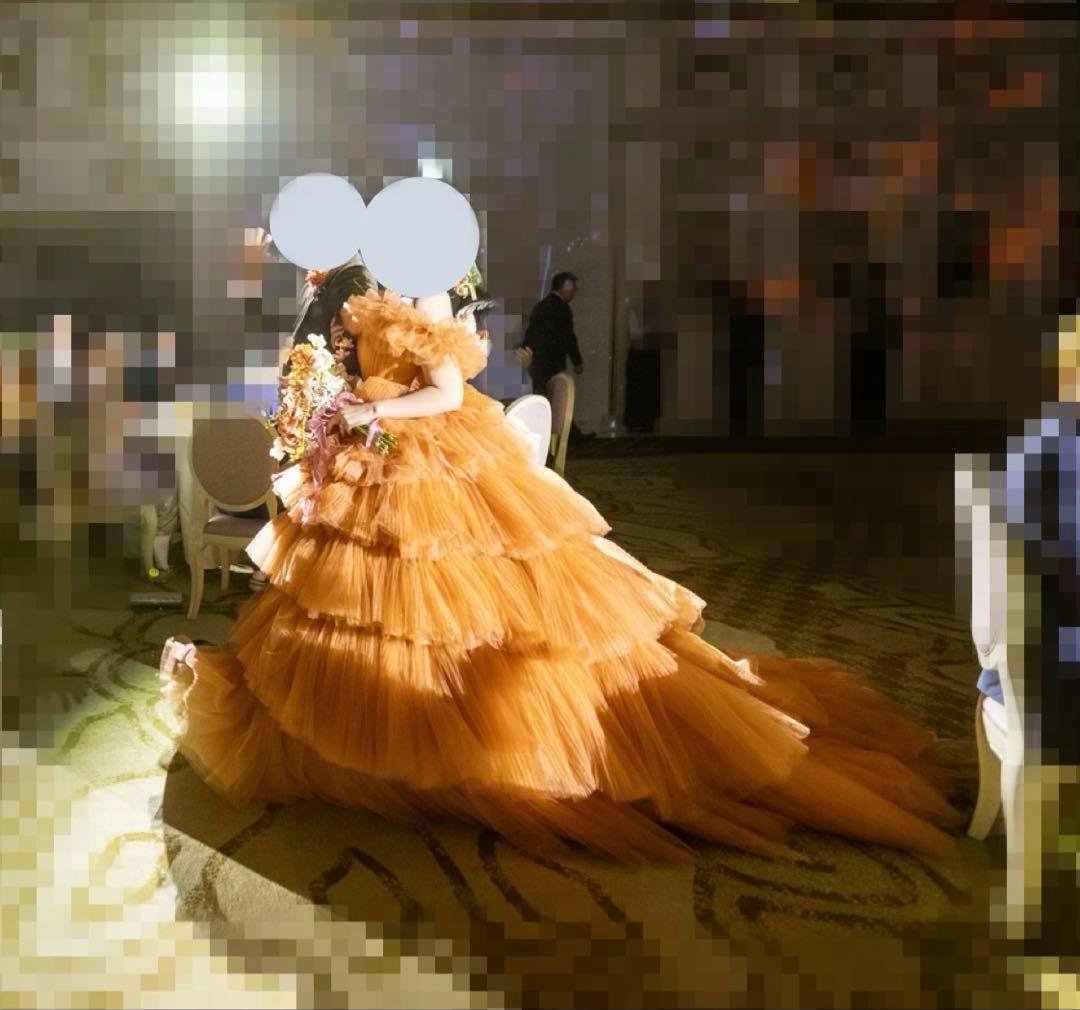 オレンジ ワンショルダー フリルドレス