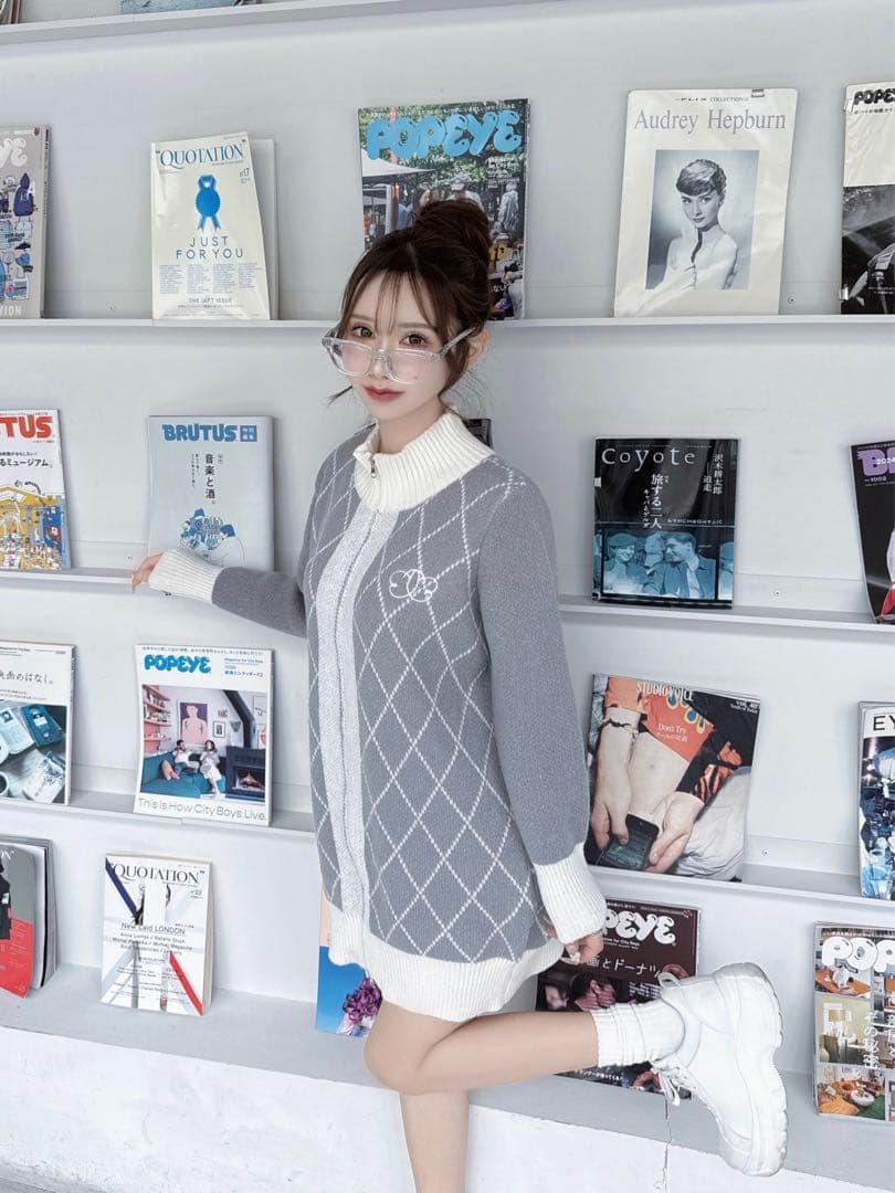 ワンピース diagonal check papillon knit op Lumignon