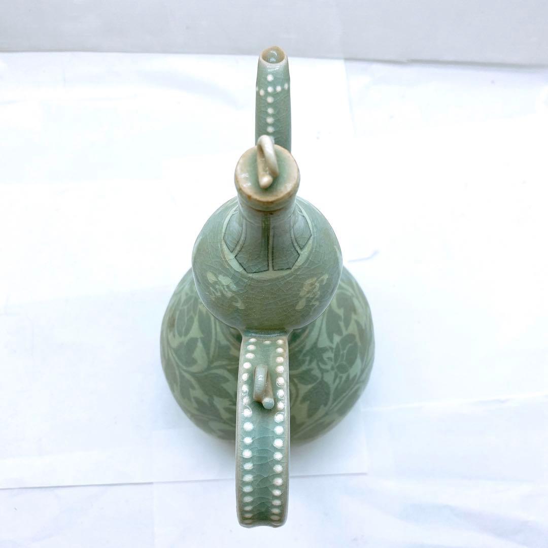 J*1様 希少 韓国人間国宝 ユへガン 柳海剛 高麗青磁 グリーン水注 花柄 テ