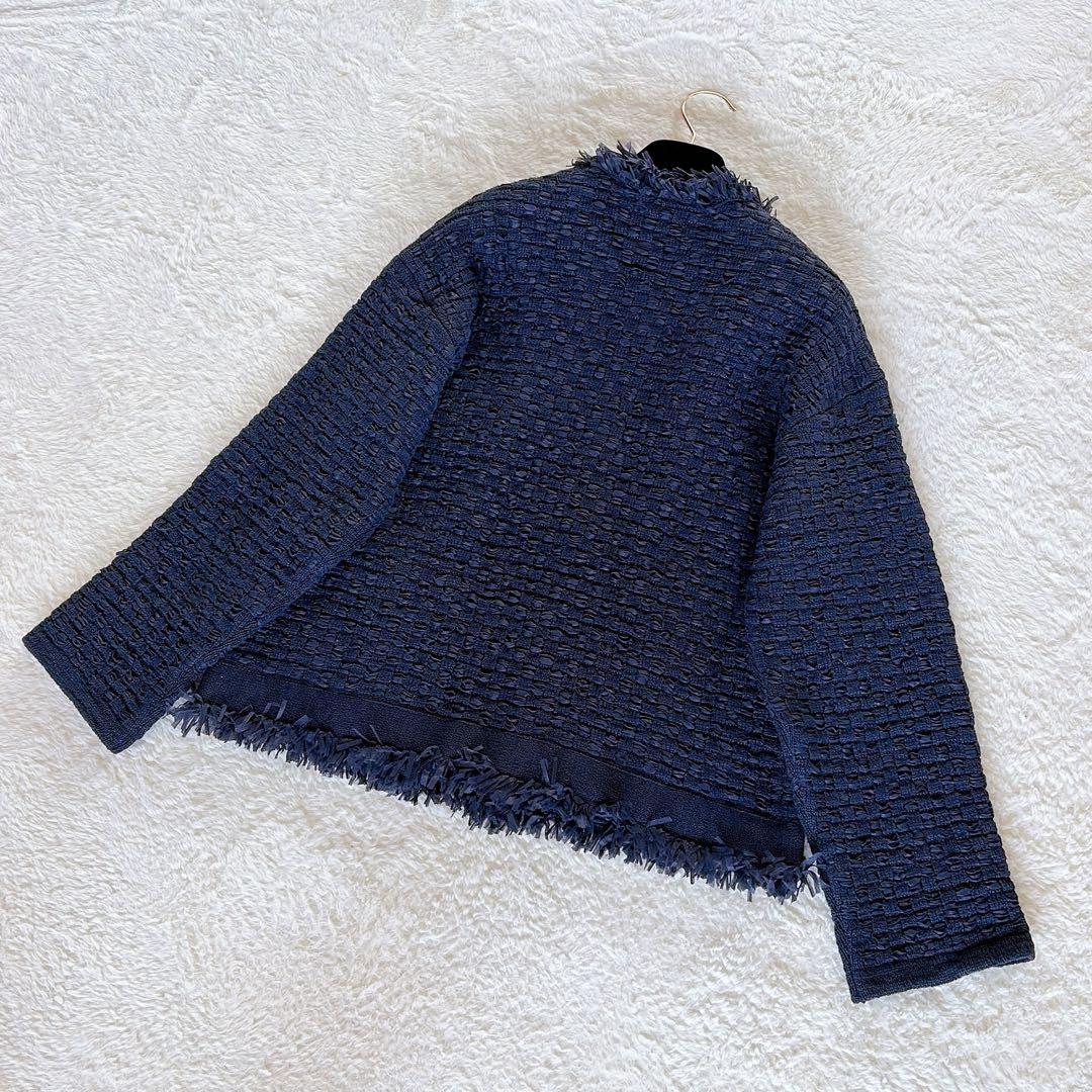 美品✨【イエナ】ノーカラーツイードニットジャケット 金ボタン ネイビー 23SS