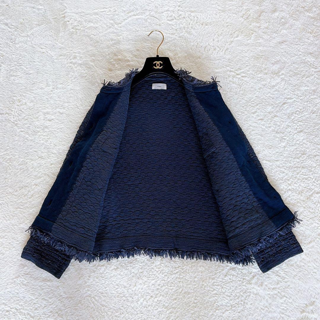 美品✨【イエナ】ノーカラーツイードニットジャケット 金ボタン ネイビー 23SS