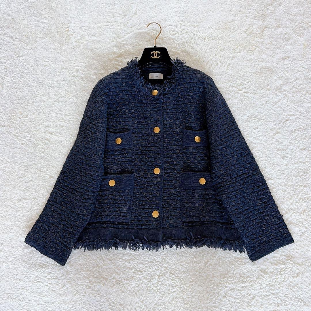 美品✨【イエナ】ノーカラーツイードニットジャケット 金ボタン ネイビー 23SS