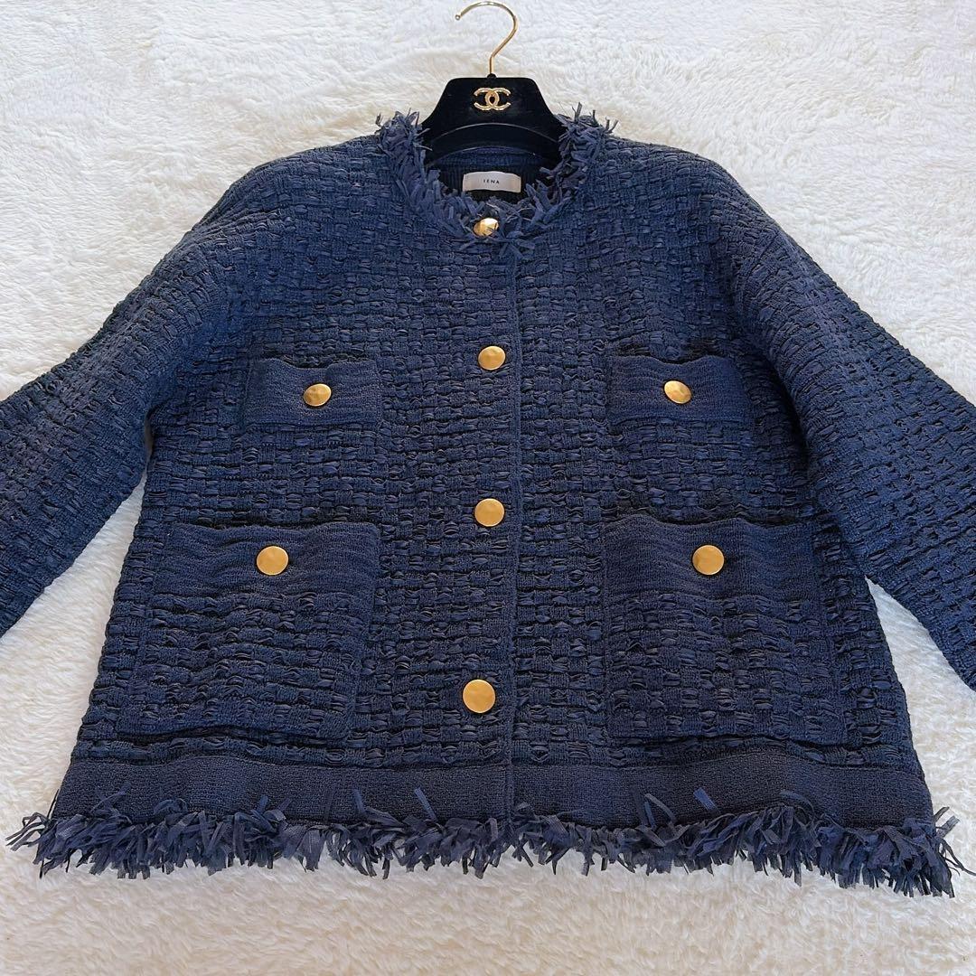 美品✨【イエナ】ノーカラーツイードニットジャケット 金ボタン ネイビー 23SS
