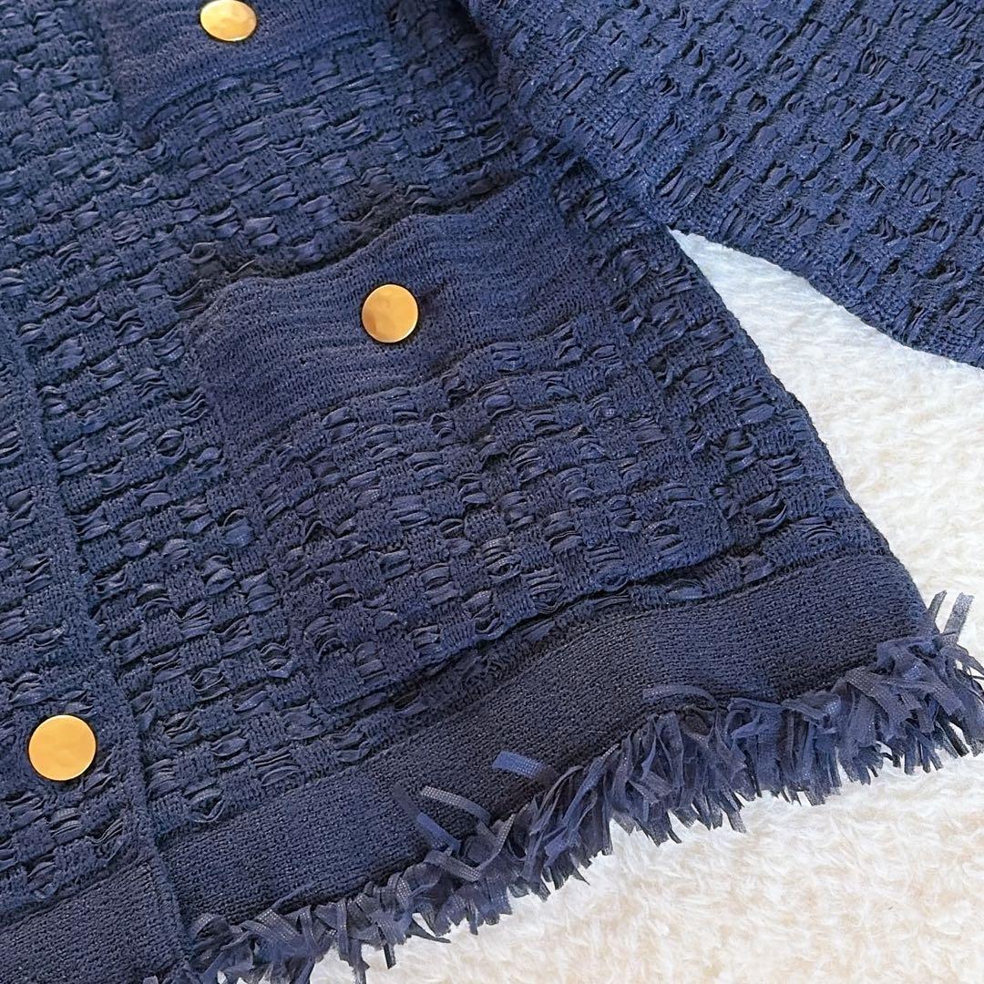 美品✨【イエナ】ノーカラーツイードニットジャケット 金ボタン ネイビー 23SS