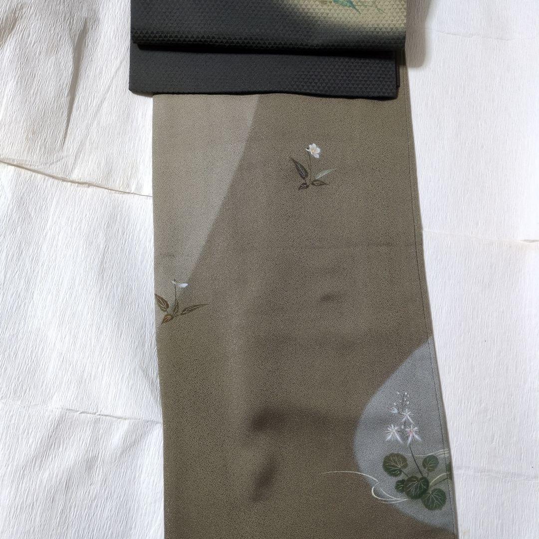 たま 未使用に近　正絹着物スミレりんどう花　袋帯 作家セット物