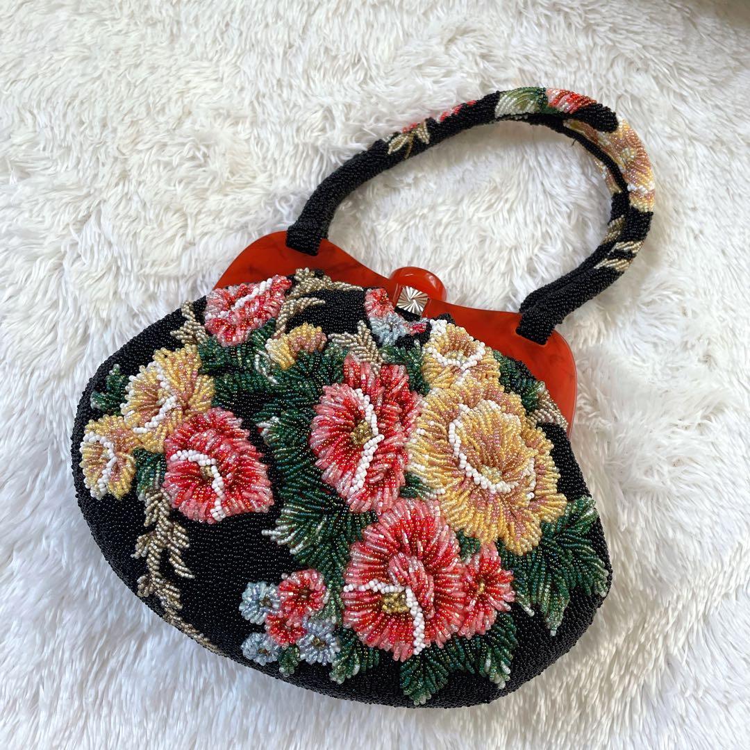 【人気！美品】 ビーズバッグ　手刺繍　総柄　花柄　総ビーズバッグ　和装　がま口