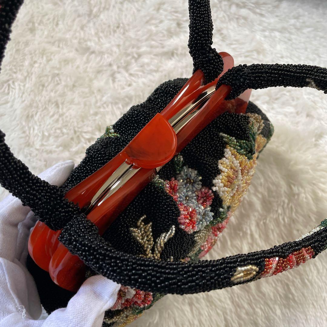 【人気！美品】 ビーズバッグ　手刺繍　総柄　花柄　総ビーズバッグ　和装　がま口