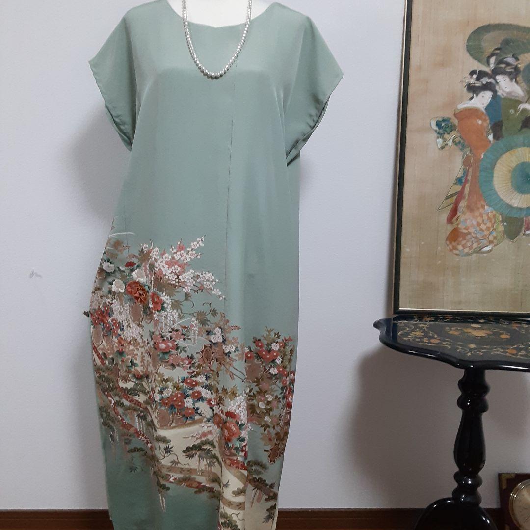 リメイク着物ロングワンピースボレロ付き正絹Ｌ色留袖