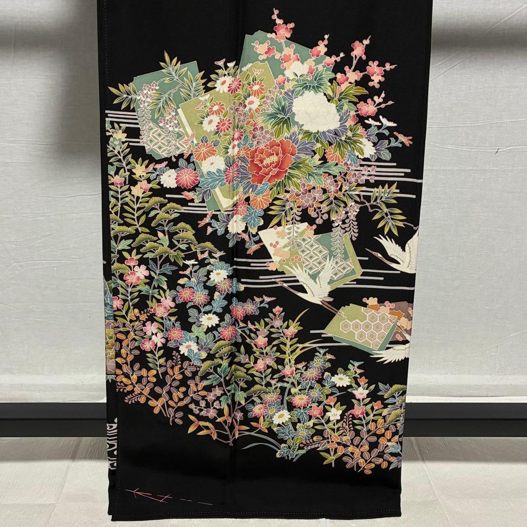 D5 黒留袖 友禅 鶴 流水 花模様 正絹 着物 袷 しつけ糸未使用極美品