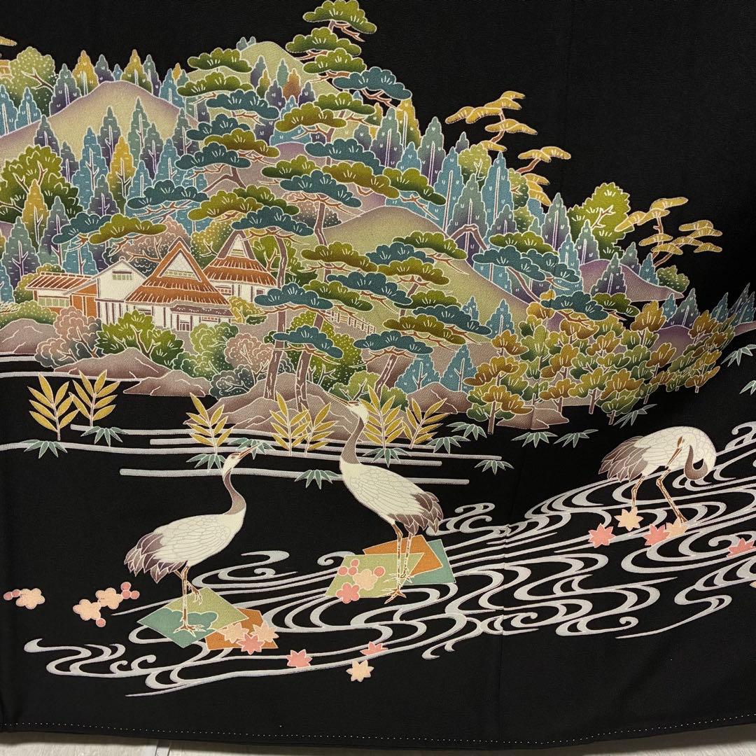 D5 黒留袖 友禅 鶴 流水 花模様 正絹 着物 袷 しつけ糸未使用極美品