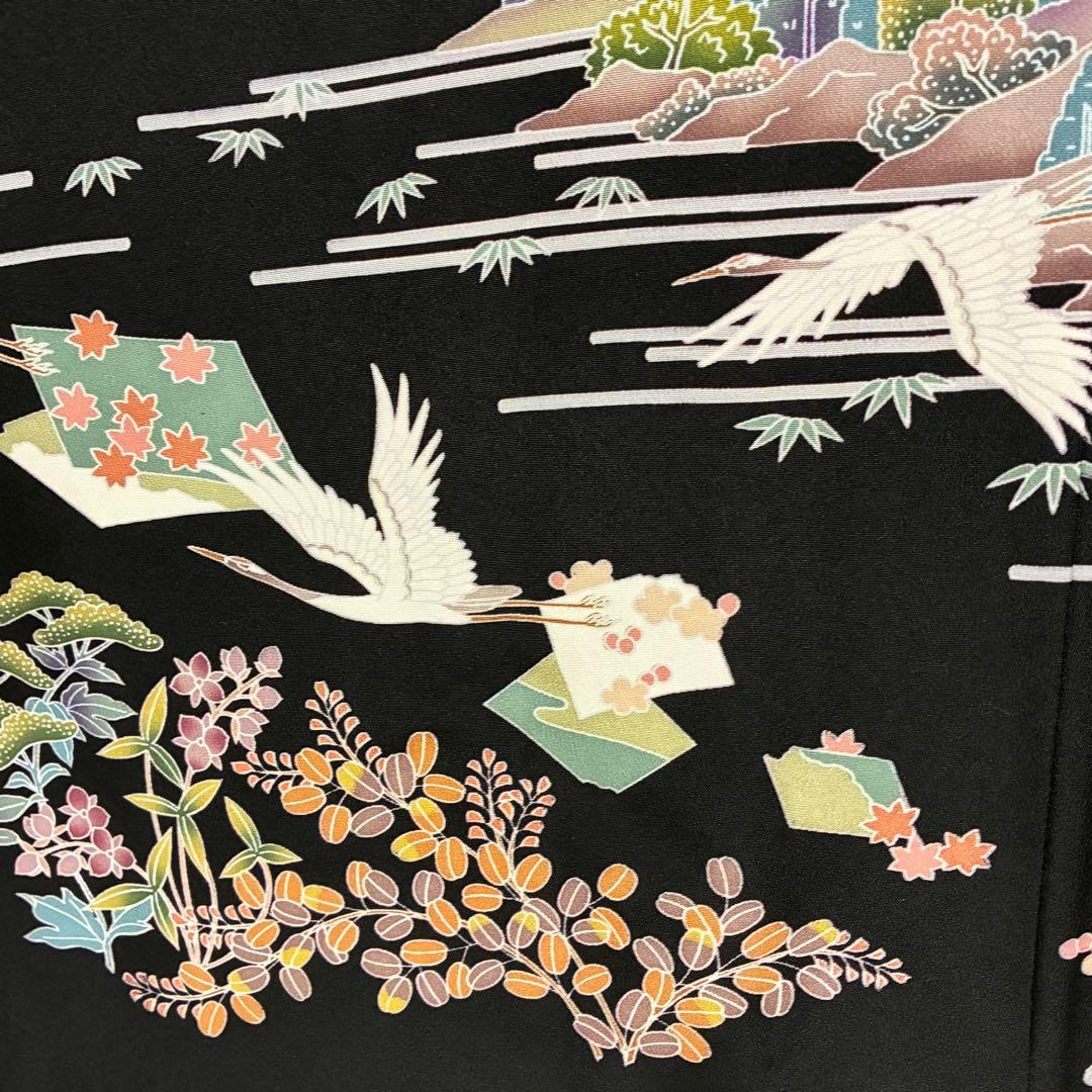 D5 黒留袖 友禅 鶴 流水 花模様 正絹 着物 袷 しつけ糸未使用極美品