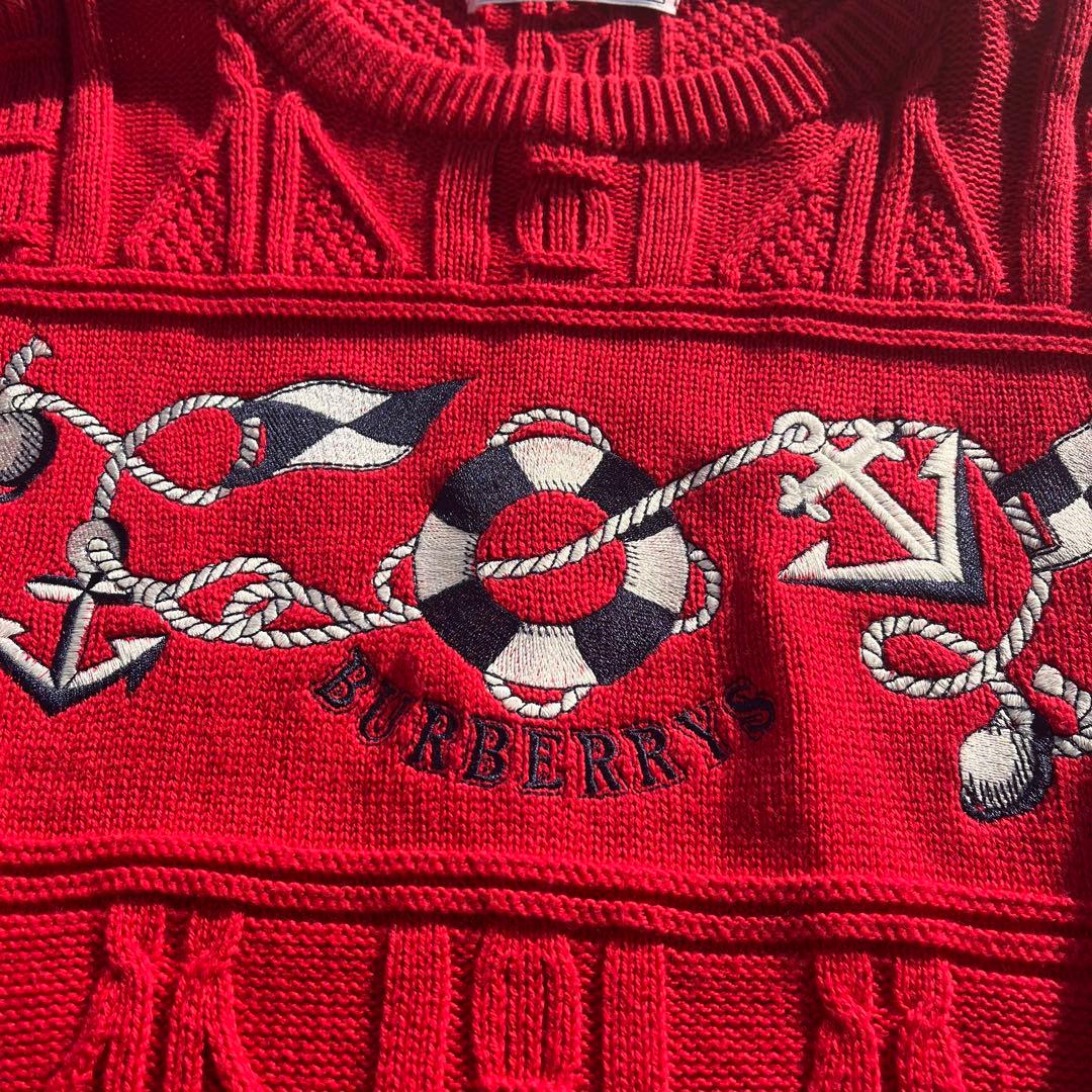 Burberry バーバリー　刺繍ナロゴ ケーブル編みニットセーター　90s 赤