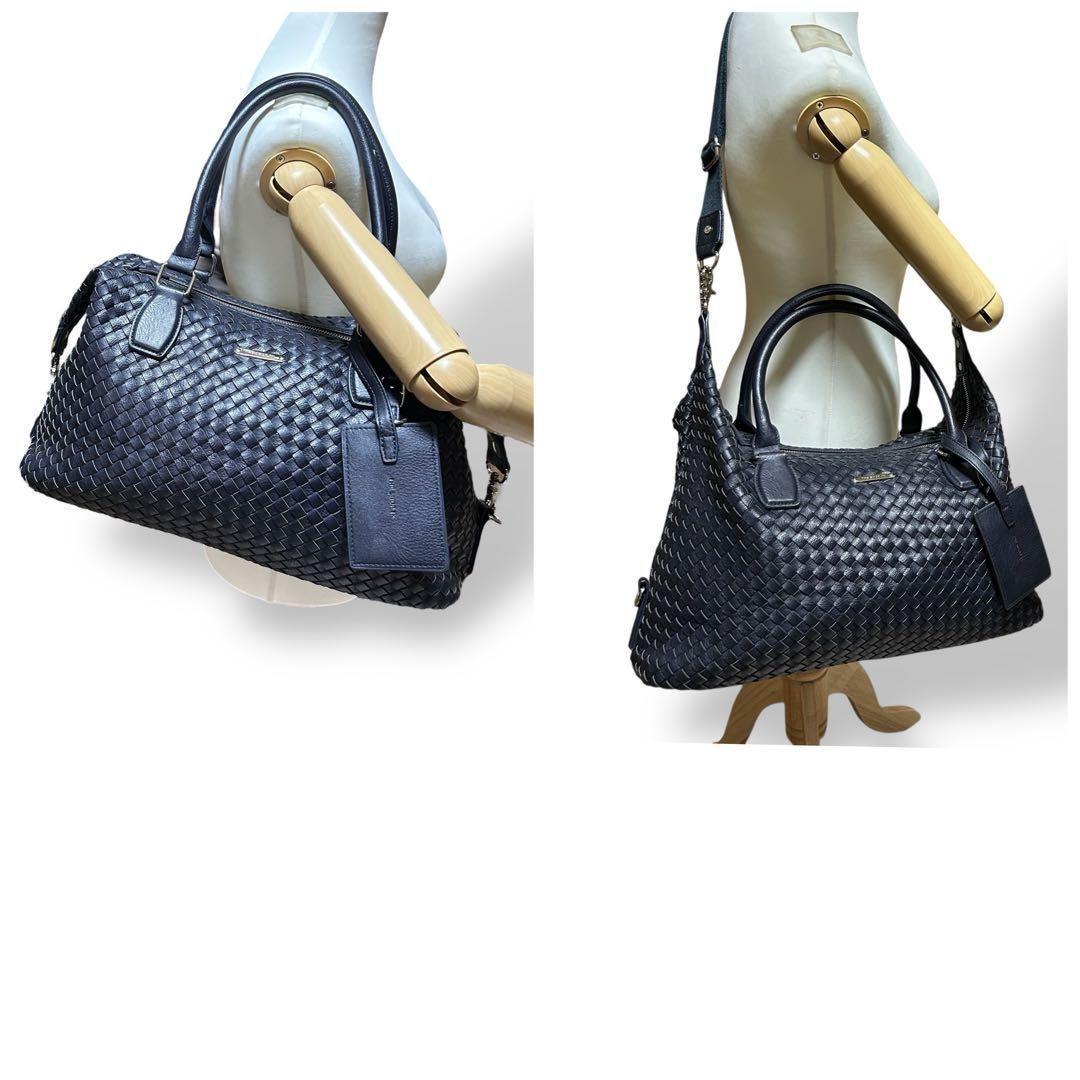 良品 1136 タケオキクチ ボストンバッグ 2way イントレチャート 紺