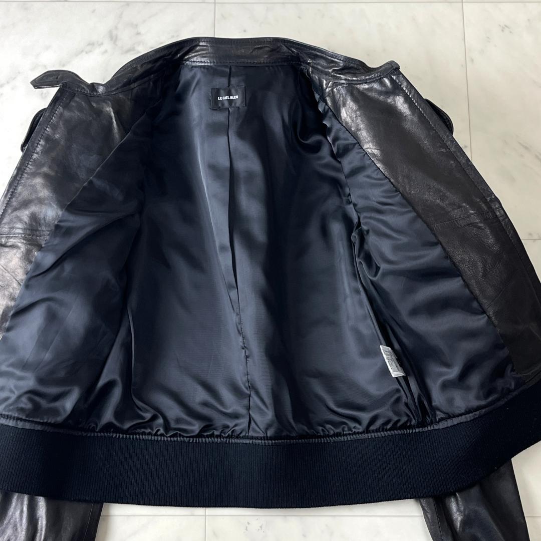 LE CIEL BLEU ラムレザー ジャケット 38 ノーカラー フリル 本革