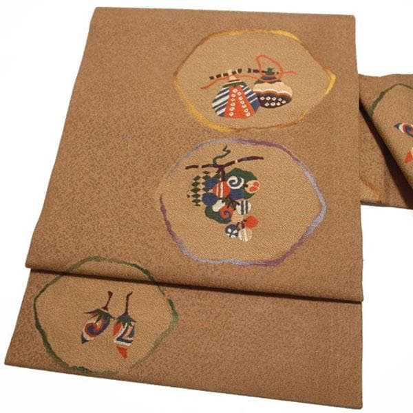名古屋帯 九寸 京都 西陣 織り柄 ブラウン フルーツ 果物 中古 kp416