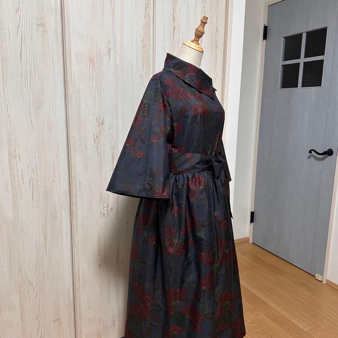 着物リメイク 大島紬(7マルキ)からロールカラーワンピース(L)