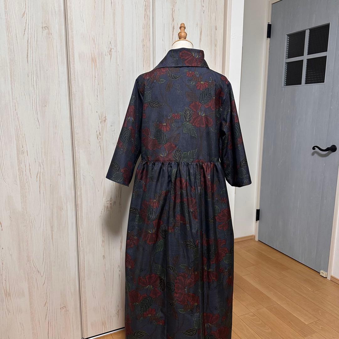 着物リメイク 大島紬(7マルキ)からロールカラーワンピース(L)