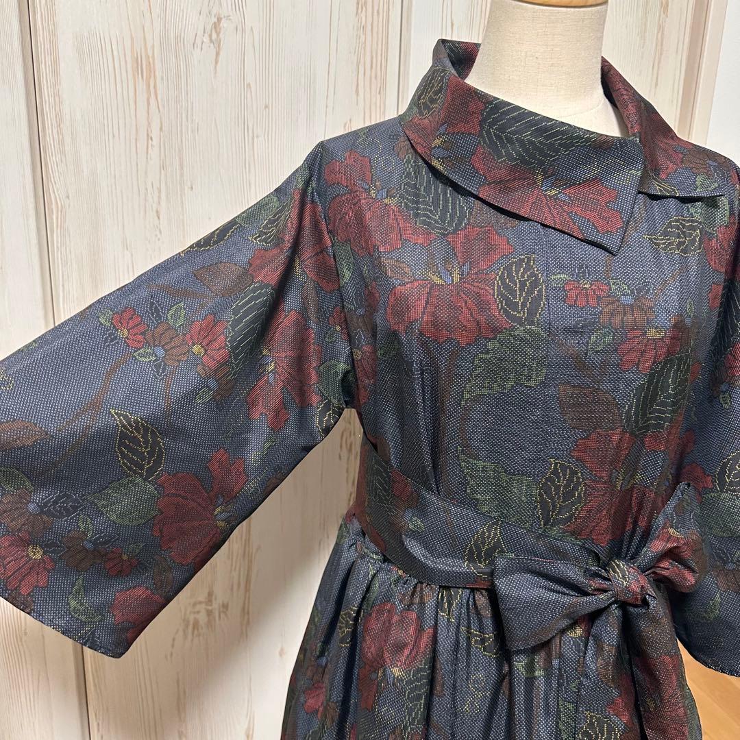 着物リメイク 大島紬(7マルキ)からロールカラーワンピース(L)