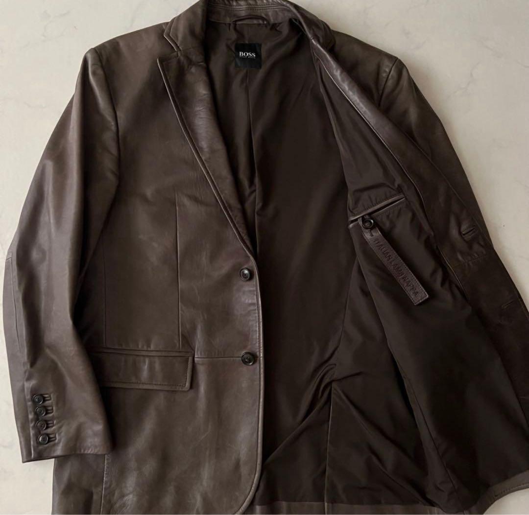 HUGO BOSS ダークブラウン レザー テーラードジャケット