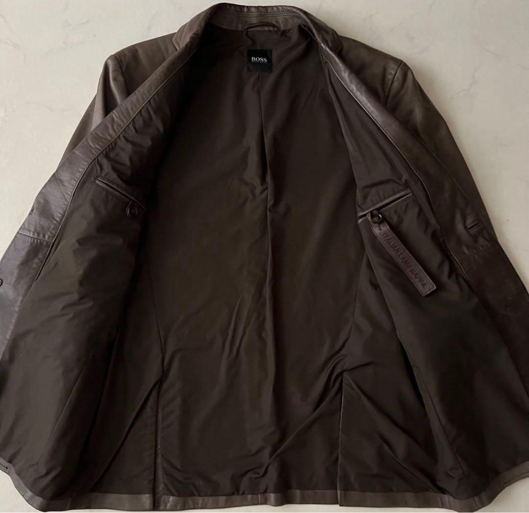 HUGO BOSS ダークブラウン レザー テーラードジャケット