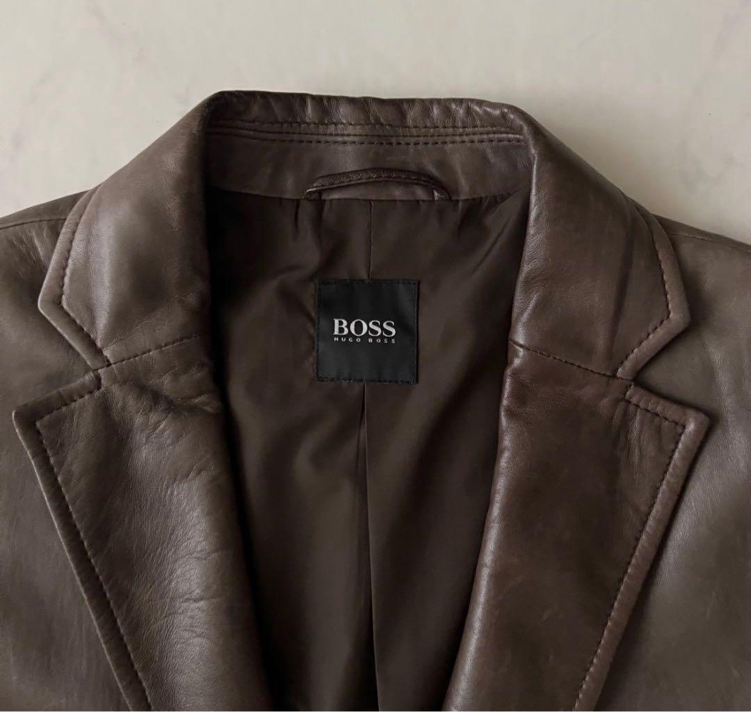 HUGO BOSS ダークブラウン レザー テーラードジャケット