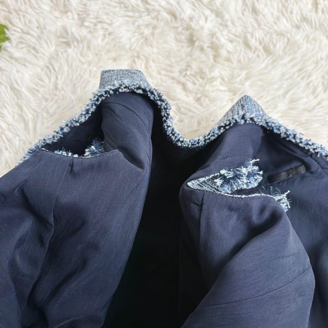 未使用級 22年♡ルネ ツイードワンピース TISSUE フリンジ 青系 36