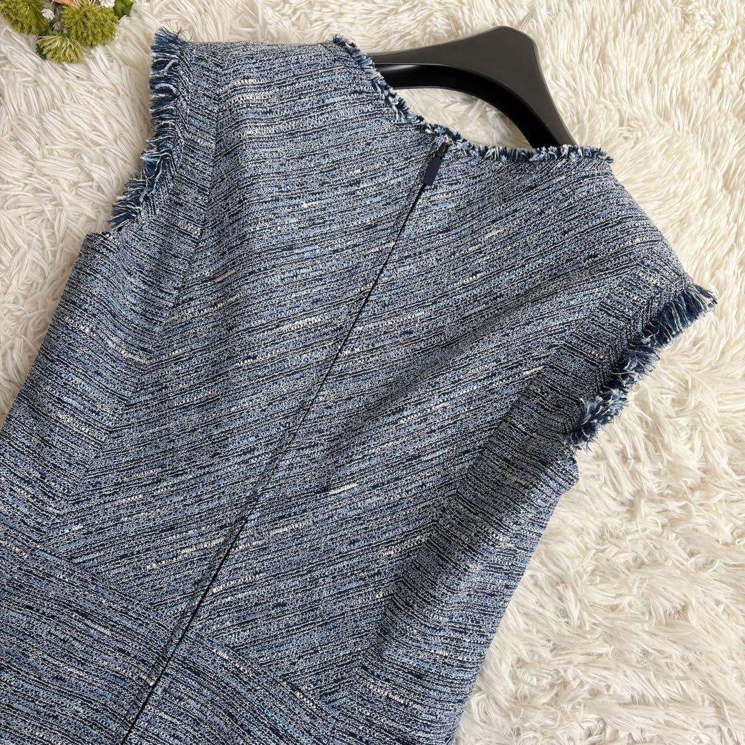未使用級 22年♡ルネ ツイードワンピース TISSUE フリンジ 青系 36