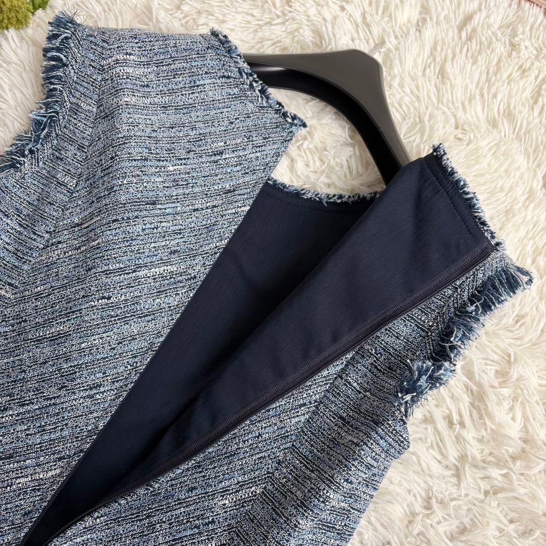 未使用級 22年♡ルネ ツイードワンピース TISSUE フリンジ 青系 36