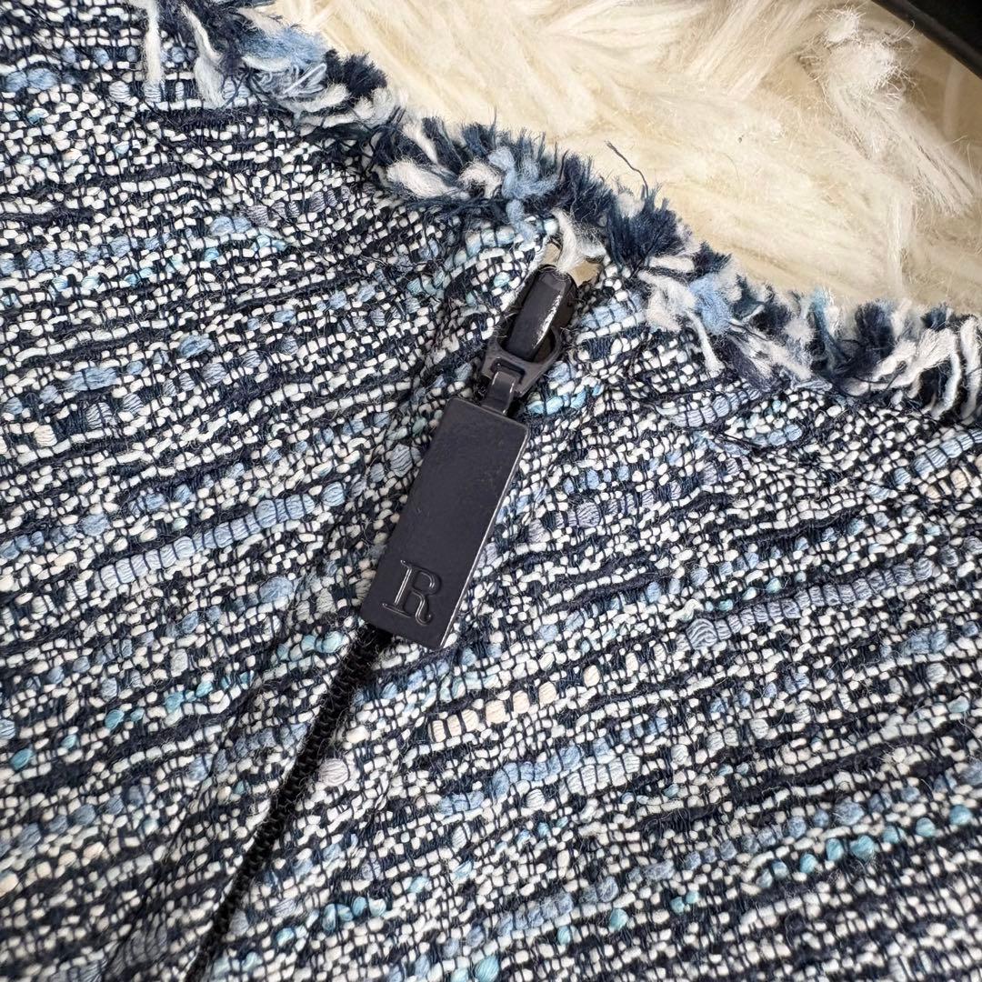 未使用級 22年♡ルネ ツイードワンピース TISSUE フリンジ 青系 36