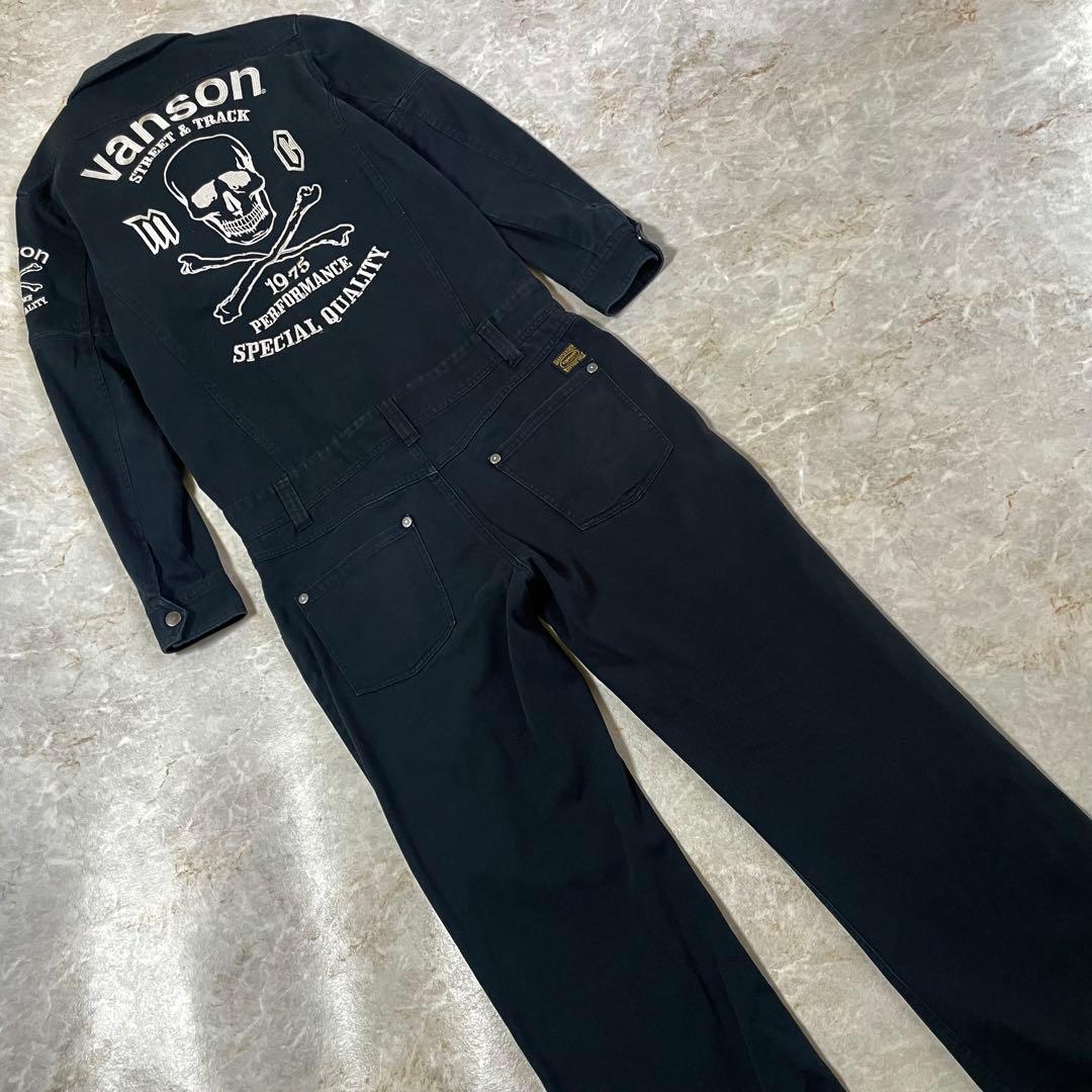VANSON バンソン コットン スカル刺繍 袖着脱可能 オールインワン つなぎ