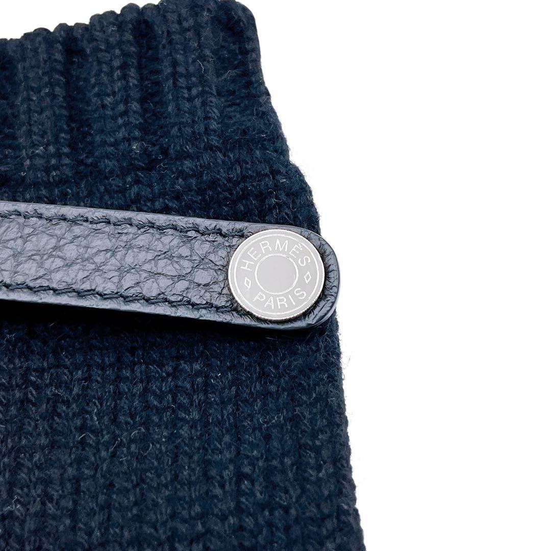 美品 エルメス カシミヤ レザー ボルチモア 手袋 ニット ブラック レディース