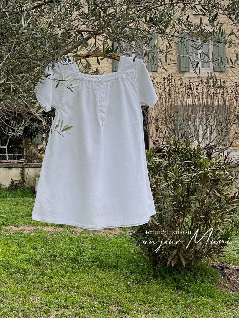◆フランスアンティーク｜半袖スモック、チュニック、イニシャル刺繍、白
