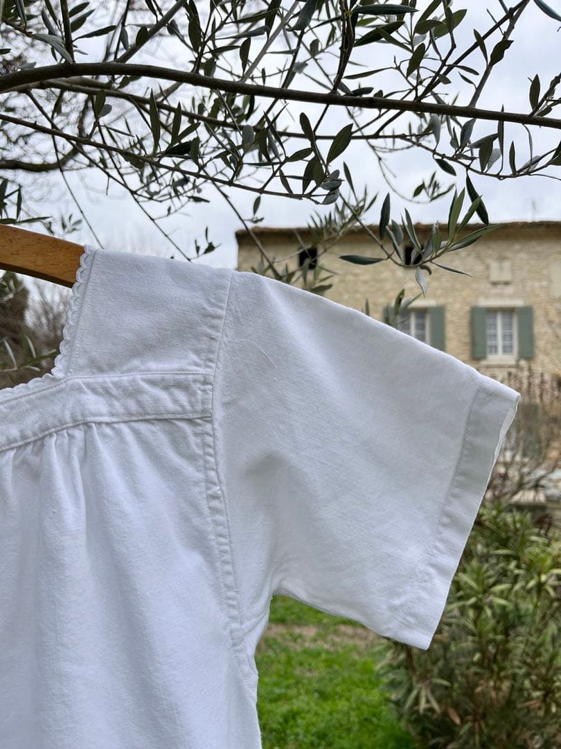 ◆フランスアンティーク｜半袖スモック、チュニック、イニシャル刺繍、白