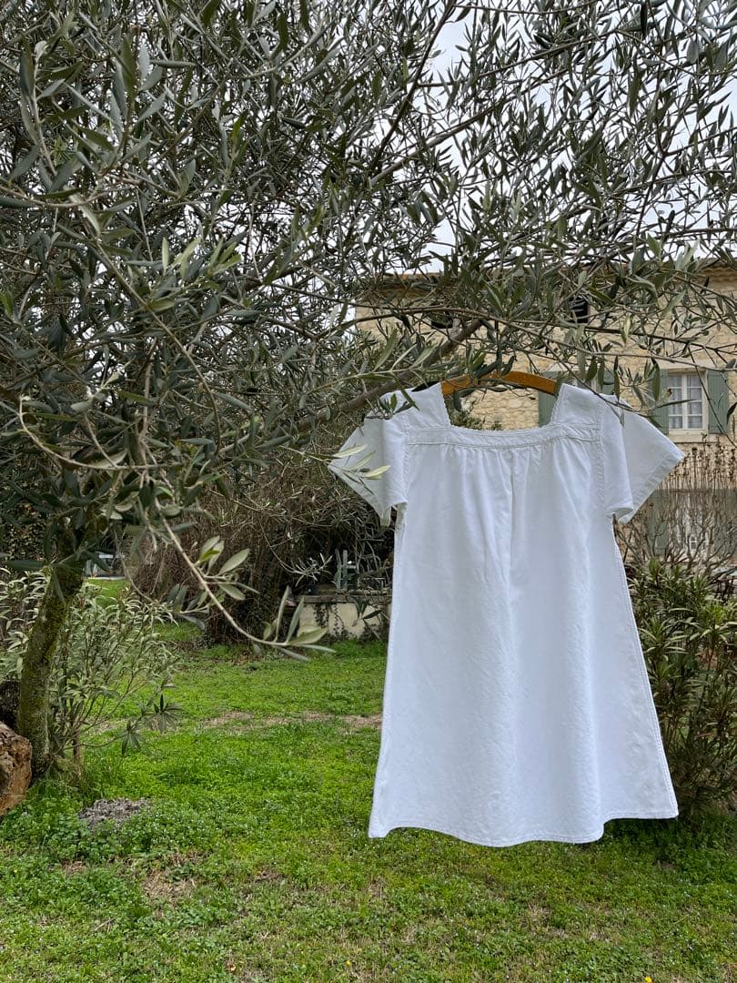 ◆フランスアンティーク｜半袖スモック、チュニック、イニシャル刺繍、白